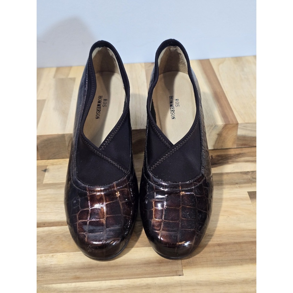 Ros Hommerson Women's Leather Black‎ Brown Croc Print Slip On ComfortSize 7N